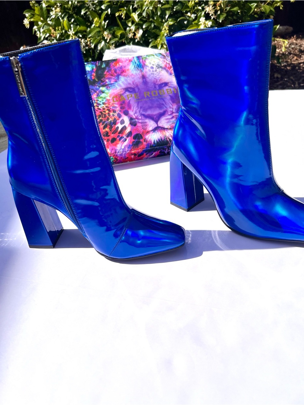 Holographic Gogo Boots - Iridescent Blue Chunky Heel - Metallic Ankle Booties